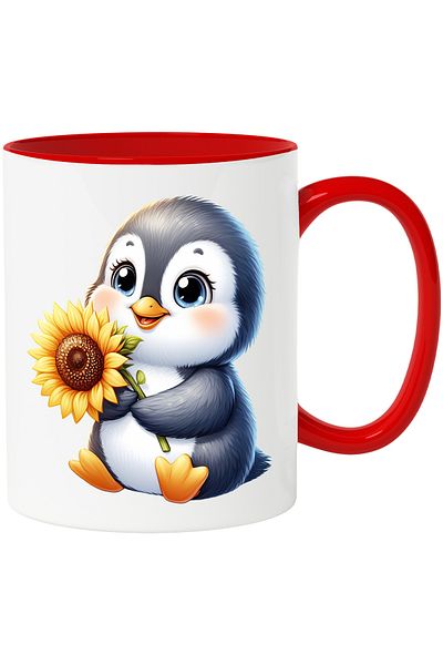 StoryGift Romania Mug with a cheerful penguin holding a flower | illustration | sunflower | fe, Cu,STG