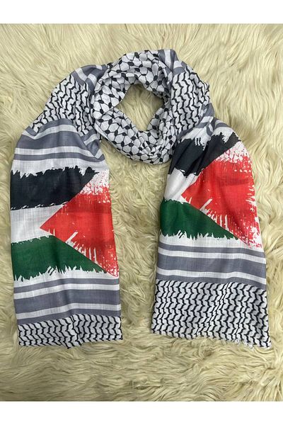 ALADİYAR Palestine Puchsia Pattern Long Fringed Pashmina Shawl