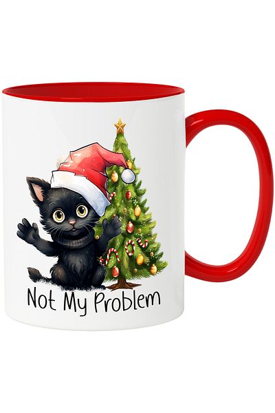 StoryGift Romania Mug with black kitten with the message "Not My Problem", Merry Christmas, illustration, take, With ,STG