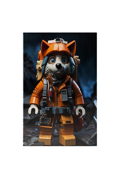 StoryGift Romania Tablou Canvas: Vulpe Lego Cu Casca Si Costum De Culoare Portocalie Si Ghiozdan Cu Ochii Albast