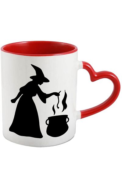 StoryGift Romania Mug with a witch brewing something in a cauldron with a Red Heart Handle, With Handle I, STG