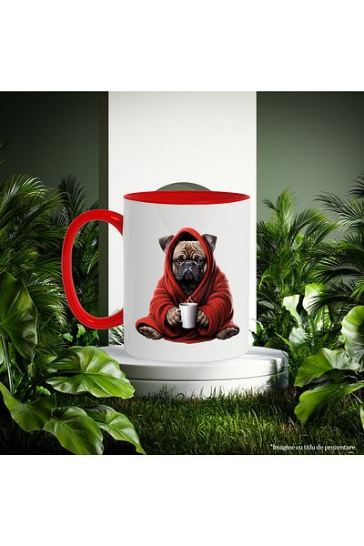 StoryGift Romania Mug with a Pug puppy wearing a red cap | illustration | holding a mug with the, With ,STG
