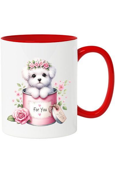 StoryGift Romania Mug with a shy puppy coming out of a can | illustration | flowers | white, With ,STG