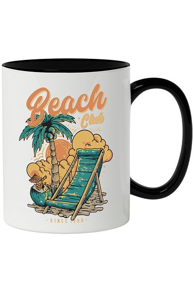 StoryGift Romania Mug With Message In English Beach Club, Palm Tree, Chair, Sunset, Coconut, Multicolor 330, With ,STG