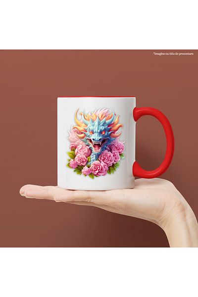StoryGift Romania Mug with an aggressive dragon, illustration, flaming eyes, popcorn, pink, an chine, With ,STG .