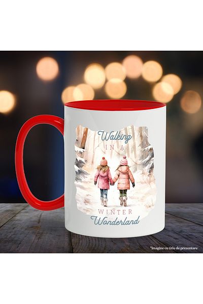 StoryGift Romania Mug with 2 little girls holding hands with the message "Walking in a winter wonderland", With ,STG