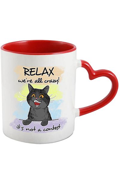 StoryGift Romania Black cat mug with the message "Relax, we're all crazy! It's not a contest", c, Cu,STG.