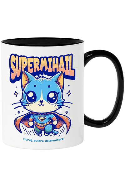 StoryGift Romania Super Mihail Mug, Superhero, Flying Cat, 330ml, Ceramic with Black Handle, With Handle, STG