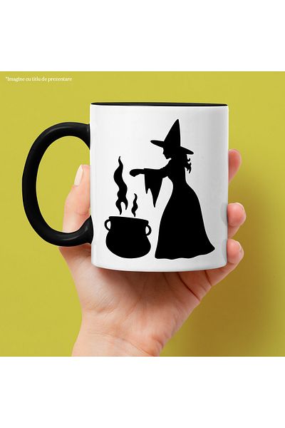 StoryGift Romania Mug with a witch preparing a new potion in a cauldron with a Black Handle, With Handle, STG
