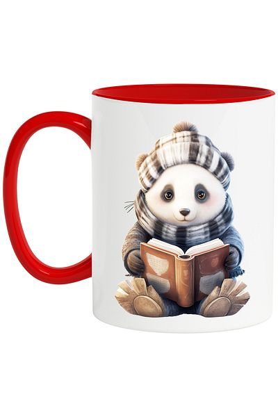 StoryGift Romania Mug with a Panda bear holding an open book | illustration | hat | scarf |, With ,STG