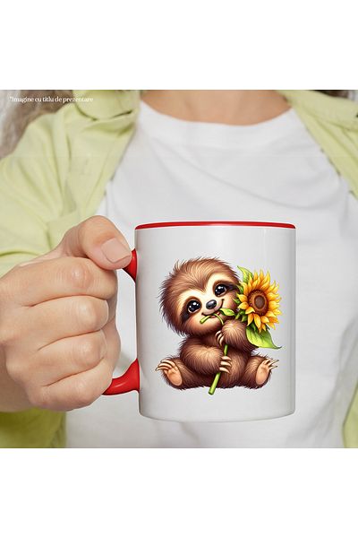 StoryGift Romania Mug with a baby Sloth holding a flower | illustration | sunflower, With ,STG