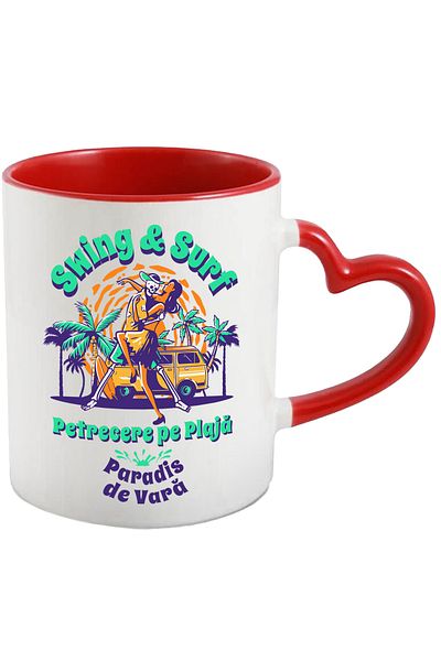 StoryGift Romania Cana Swing Si Surf, Petrecere Pe Plaja Cuplu , 330ml, Ceramica Cu Maner Inima Ro, Cu ,stg