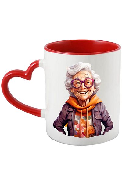 StoryGift Romania Mug with a cheerful granny | illustration | floral sweatshirt | glasses | like tin, With ,STG