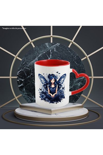 StoryGift Romania Mug with a cute fairy, illustration, blue wings, dress, poppies, butterflies, With ,STG