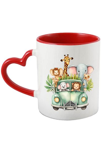 StoryGift Romania Mug with many wild animals riding a car | lion | elephant | giraffe, With ,STG.
