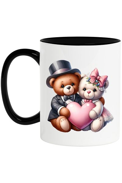 StoryGift Romania Mug with 2 teddy bears, illustration, heart, bow, hat, suit, dress, together,, With ,STG