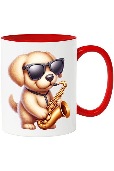 StoryGift Romania Mug with a Golden Retriever puppy playing the saxophone | illustration | glasses, Cu,STG