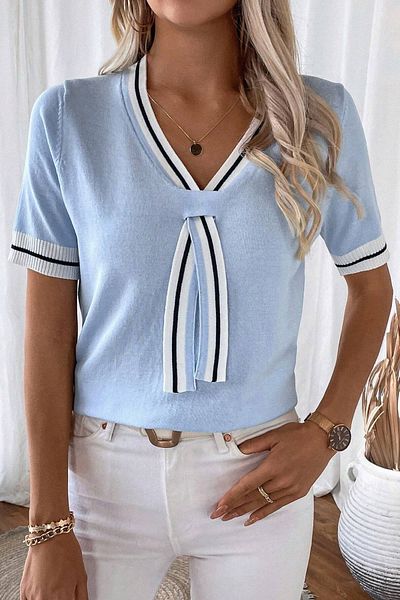 AQE FASHION Bluză pentru femei în stil colegiu, cu dungi, cu decolteu în V, în stil polo, albastru bebeluș