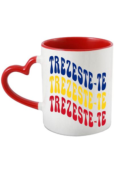 StoryGift Romania Mug with the word Wake up, in the colors of the Romanian flag, Red, Yellow, Blue, with STG.