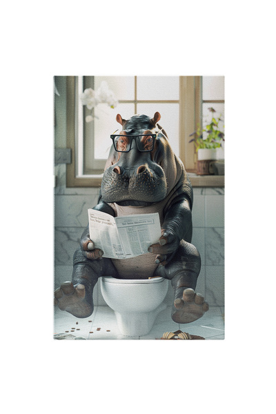 StoryGift Romania Tablou Canvas Hipopotam Cu Cohelari Pe Tron, Momentul Lui De Relaxare- Cititnd Ziarul În Linișt