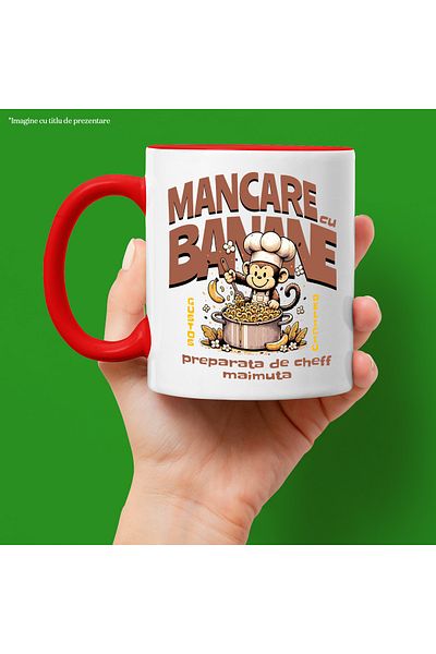 StoryGift Romania Cana Mancare Cu Banane Preparat De Cheff Maimuta, 330ml, Ceramic Cu Maner Rosu, Cu Ma,stg