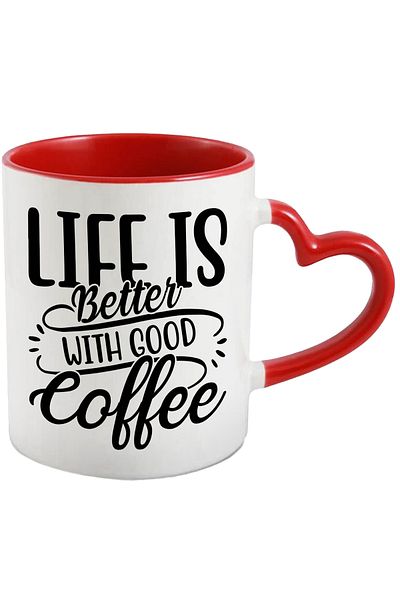 StoryGift Romania Mug with the message "Life is better with good coffee" with Red Heart Handle, With Heart Handle, STG.