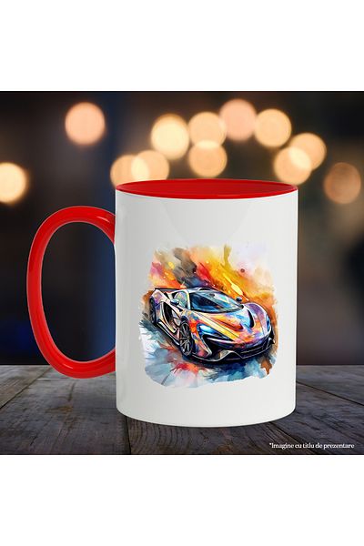 StoryGift Romania Mug With Sports Car, Luxury, Watercolor Illustration, Headlights, Multicolor 330 ml, Ceram, With ,STG