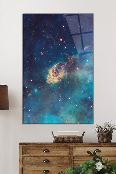Rosyvien Pictură verticală din sticlă Blue Nebula Space, decor de perete pentru casă și birou, cadou de lux, rezistentă la spargere și la zgârieturi