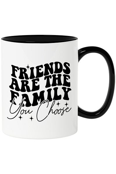 StoryGift Romania Mug with the message "Friends are the family you choose" with Black Handle, Cu Man, STG.
