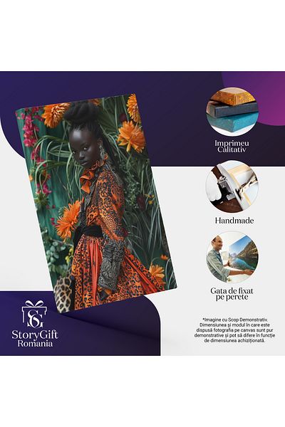 StoryGift Romania Tablou Canvas Tanara Negresa Cu Parul Lung Brunet Si Cercei Imbracata In Rochie Model Leopard
