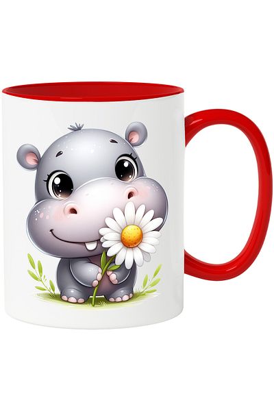 StoryGift Romania Mug with a cheerful baby hippo | illustration | holding a white flower | nature | i, With ,STG