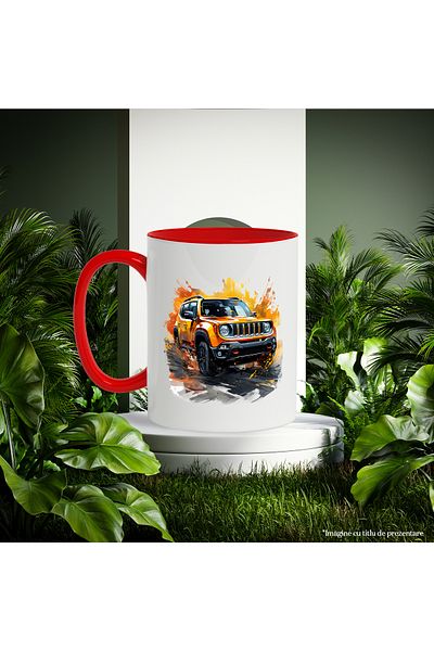 StoryGift Romania Mug With Car, Jeep Renegade, Wheels, Paint, Water, Headlights, Multicolor 330 ml, Sky, With ,STG