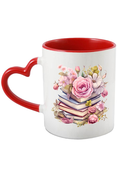 StoryGift Romania Cana cu un teanc cu carti | ilustratie | flori | roz | lect...