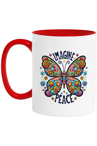 StoryGift Romania Mug with a butterfly with wings in vibrant colors with the message "Imagine peace", style, Cu,STG