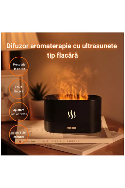 MACVI Difuzor Aromaterapie si Umidificator Macvi® cu Efect de Flacara, Ultrasunete, 180 ml, Negru
