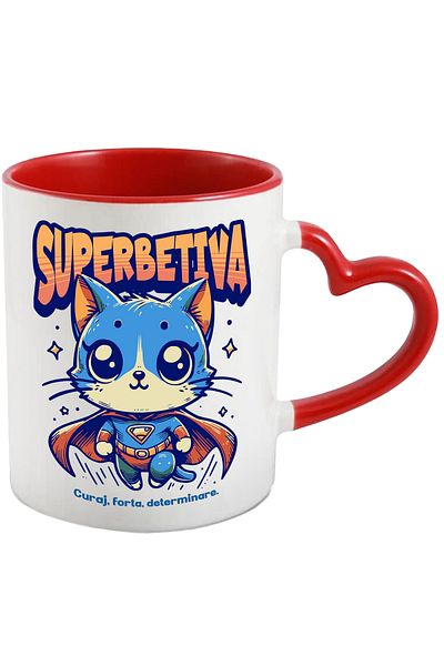 StoryGift Romania Super Drunk Mug, Superhero, Flying Cat, 330ml, Ceramic with Red Heart Handle, With ,STG