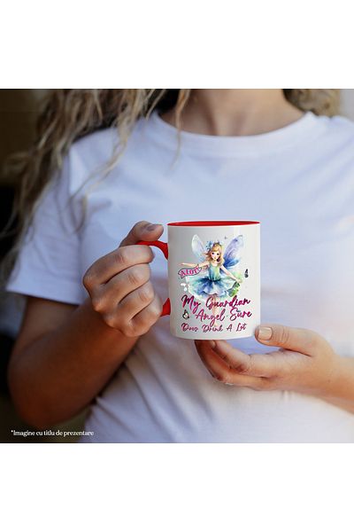 StoryGift Romania Mug with a fairy girl with the message "My guardian angel sure does drink a lot", fairy tale, With ,STG