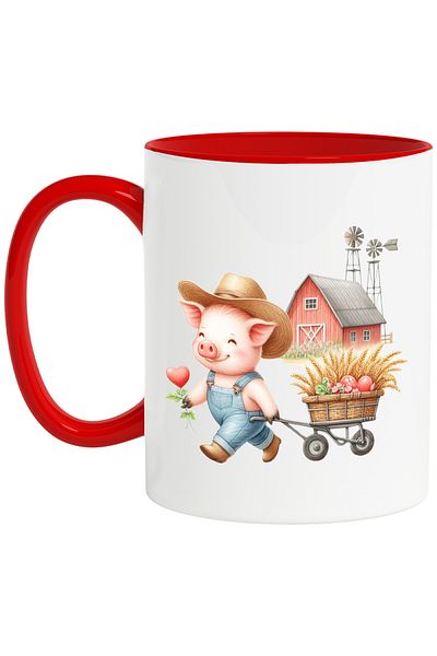 StoryGift Romania Mug with a pig pulling a wheelbarrow with wheat, illustration, hearts, flowers, pl, With, STG