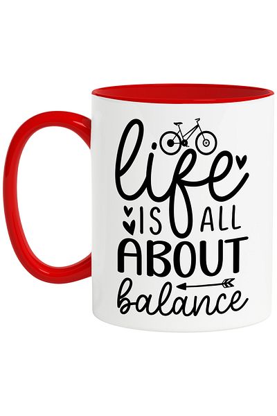 StoryGift Romania Mug with a bicycle and hearts with the message "Life is all about balance" with, With, STG