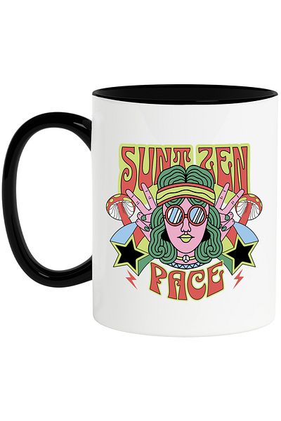 StoryGift Romania Mug hippie girl I am zen club peace and quiet, 330ml, Ceramic with Black Handle, With Handle, STG