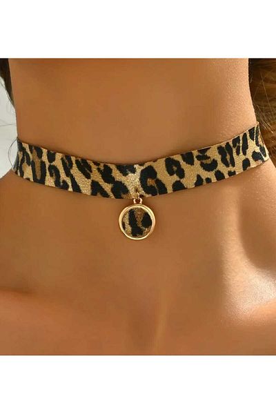 sarıyer silver Leopard Pattern Fabric Design Stylish Style Steel Pendant Choker Model Necklace