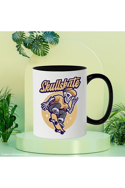 StoryGift Romania Skullskate Mug, Circle, Skeleton, Skateboard, Cap, Multicolor 330 ml, Ceramic, With ,STG