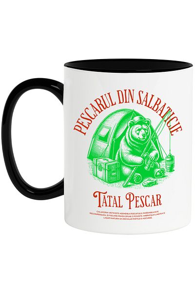 StoryGift Romania Mug Father fisherman bear stand fishing tent family, 330ml, Ceramic with Handle Ne, Cu, STG
