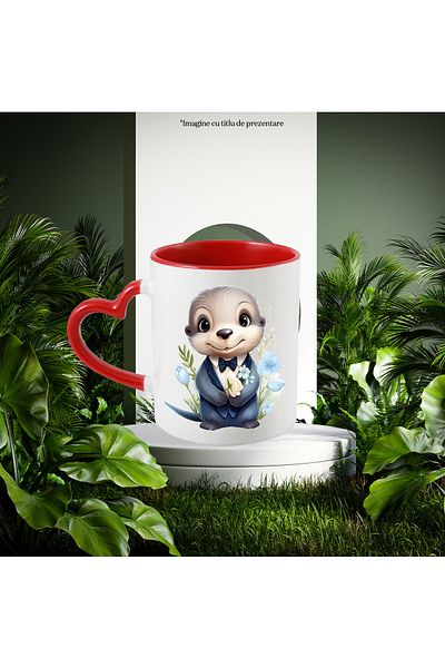 StoryGift Romania Mug with a cheerful otter holding some flowers | illustration | gift | bow tie | ves, With ,STG.