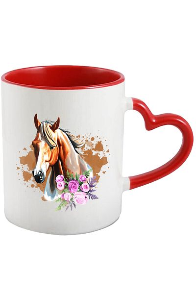 StoryGift Romania Mug with a horse and pink flowers, horse riding, animal, illustration, brown, on, With, STG.