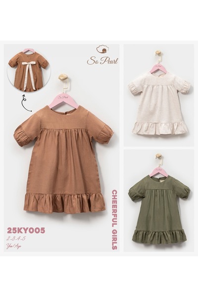 So Pearl Linen Fabric, Short Sleeve, Summer, Ruffled Hem, Bow Detail at the Back, Girl's Dress