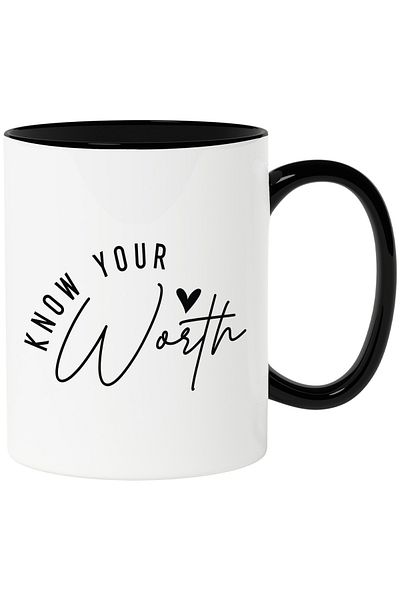 StoryGift Romania Mug with heart and the text "Know your worth" with Black Handle, With Black Handle STG,STG