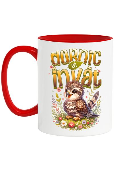 StoryGift Romania Mug Eager to Learn Owl Animal Educational Fun, 330ml, Ceramic with Red Handle, With ,STG