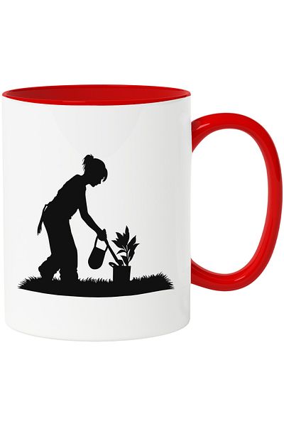StoryGift Romania Mug with a housewife taking care of a plant with a red handle, with a red handle STG, STG, STG