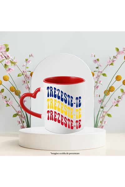 StoryGift Romania Mug with the word Wake up, in the colors of the Romanian flag, Red, Yellow, Blue, with STG.